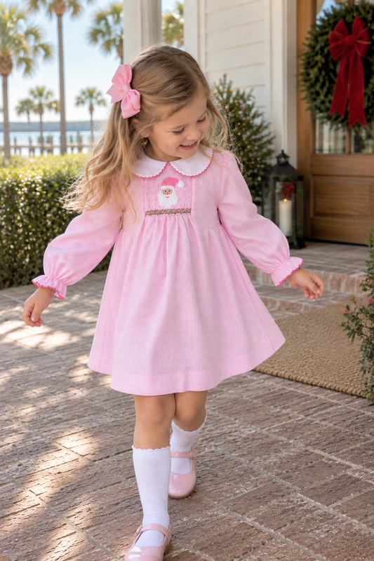 Santa Smocked Pink Dress Petit Ami & Zubels