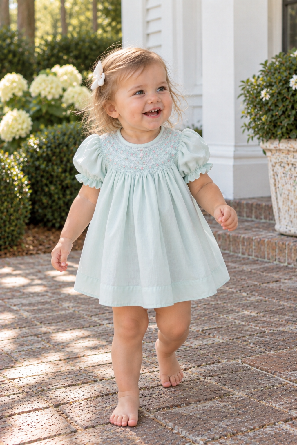 Mint Smocked Dress with Pearls Petit Ami & Zubels