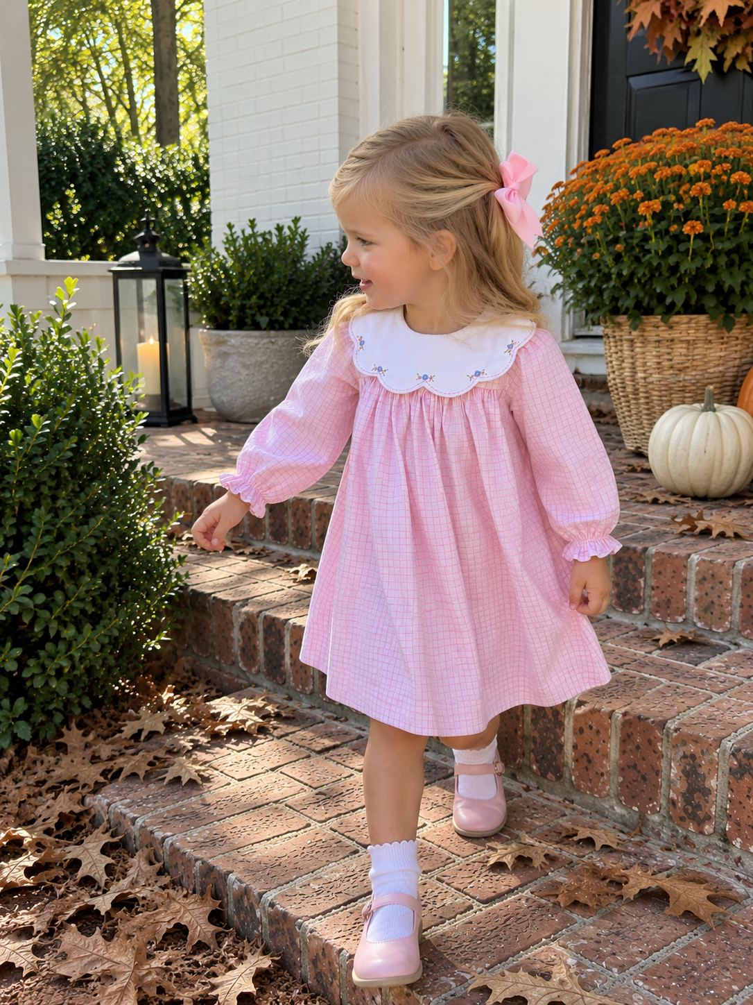 Embroidered Collar Pink Check Dress Petit Ami & Zubels