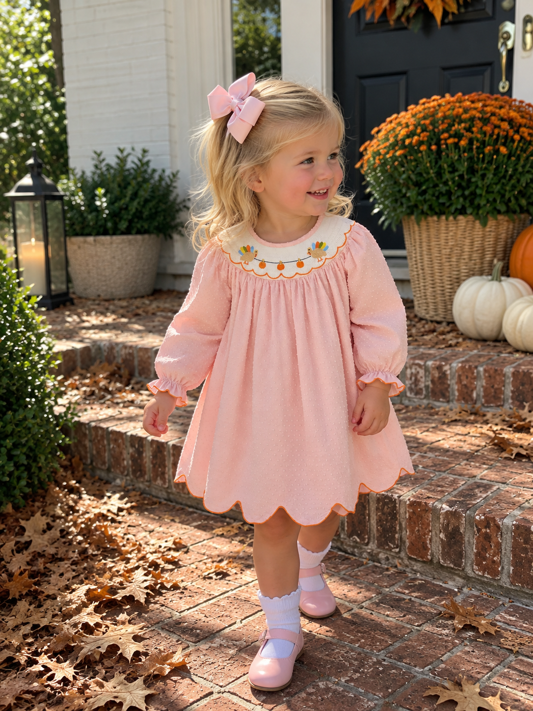 Fall Thanksgiving& Halloween Chicken Pumpkin Smock Embroidery Baby Girl Romper Rylee Faith Designs