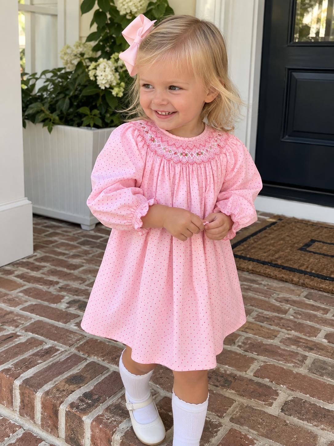 Pink Dot Dress with Bishop Smocking Petit Ami & Zubels