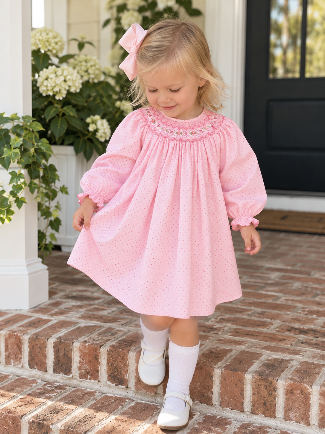 Pink Dot Dress with Bishop Smocking Petit Ami & Zubels