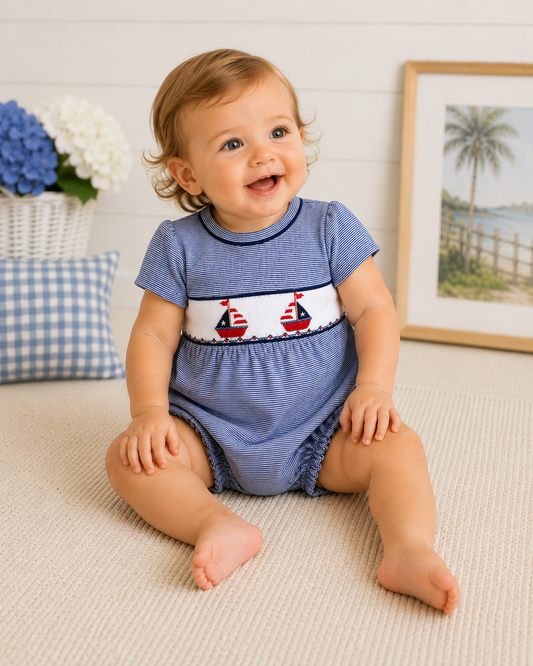 UNI-930 Blue hand smocked Americana Pima bubble Hug Me First