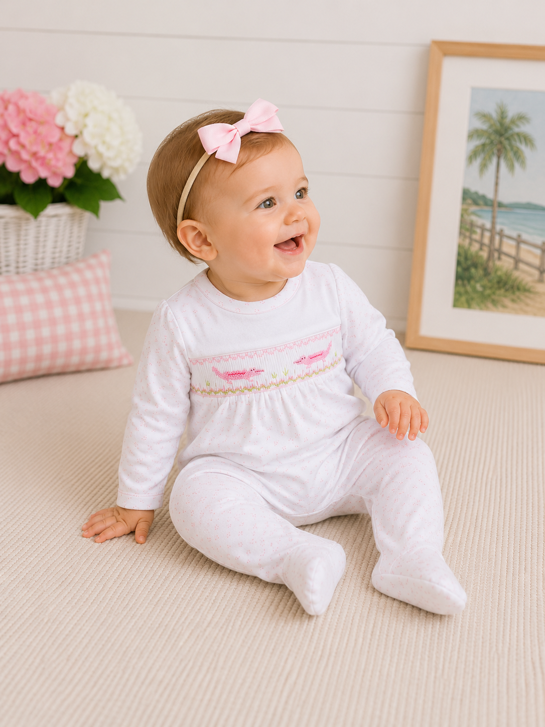 Pink Alligator Hand Smocked Pima Footie Hug Me First