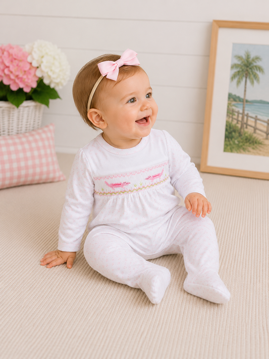 Pink Alligator Hand Smocked Pima Footie Hug Me First