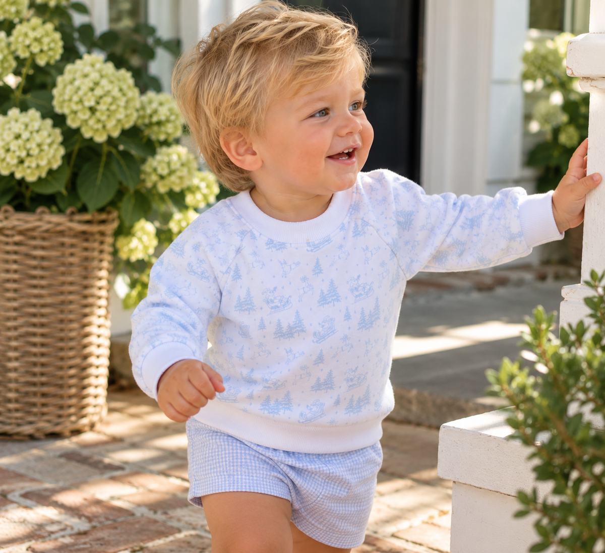 Holiday Toile Pullover Sweatshirt - White Light Blue Magnolia Baby