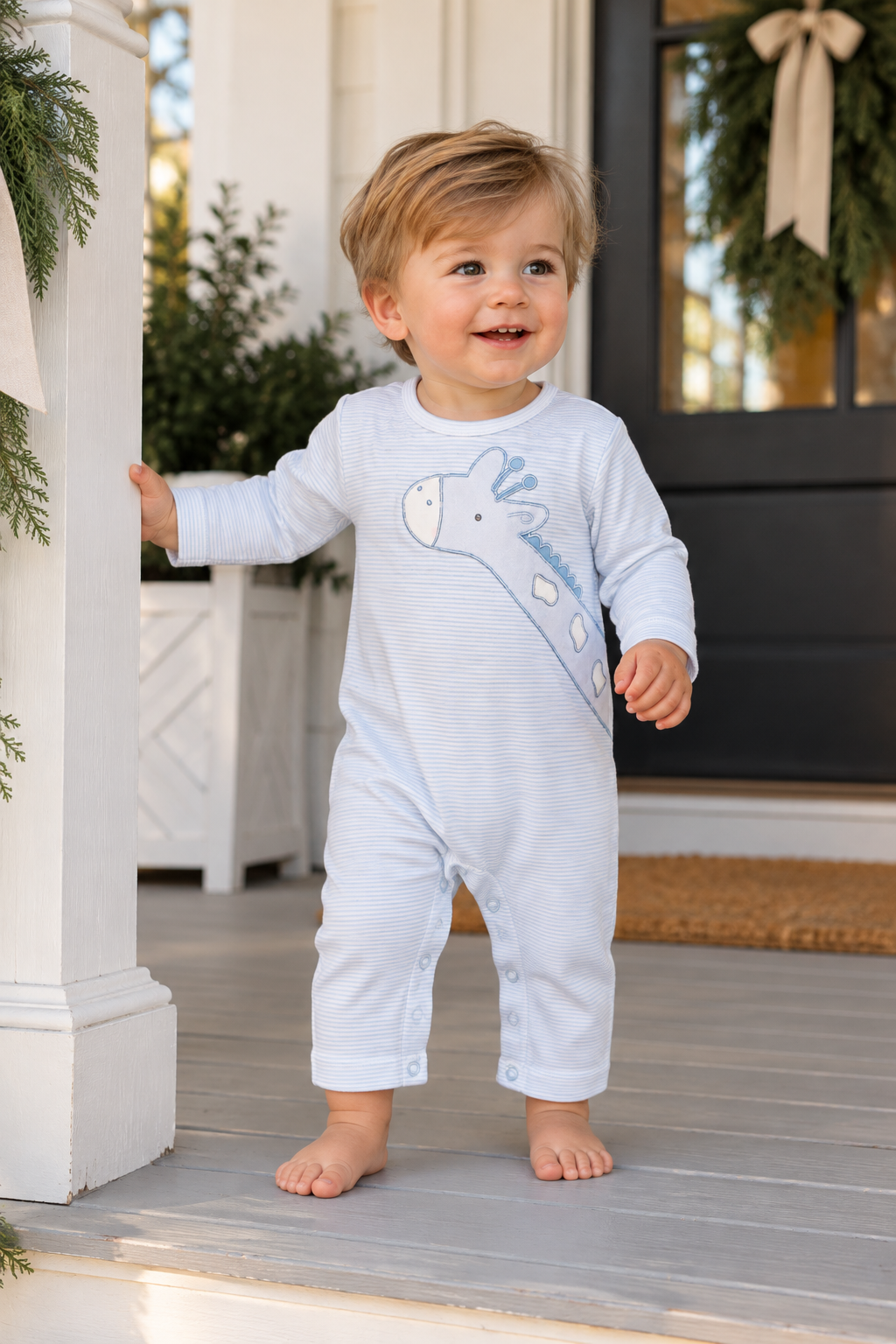 Giraffe Applique Knit Longall in Blue Petit Ami & Zubels