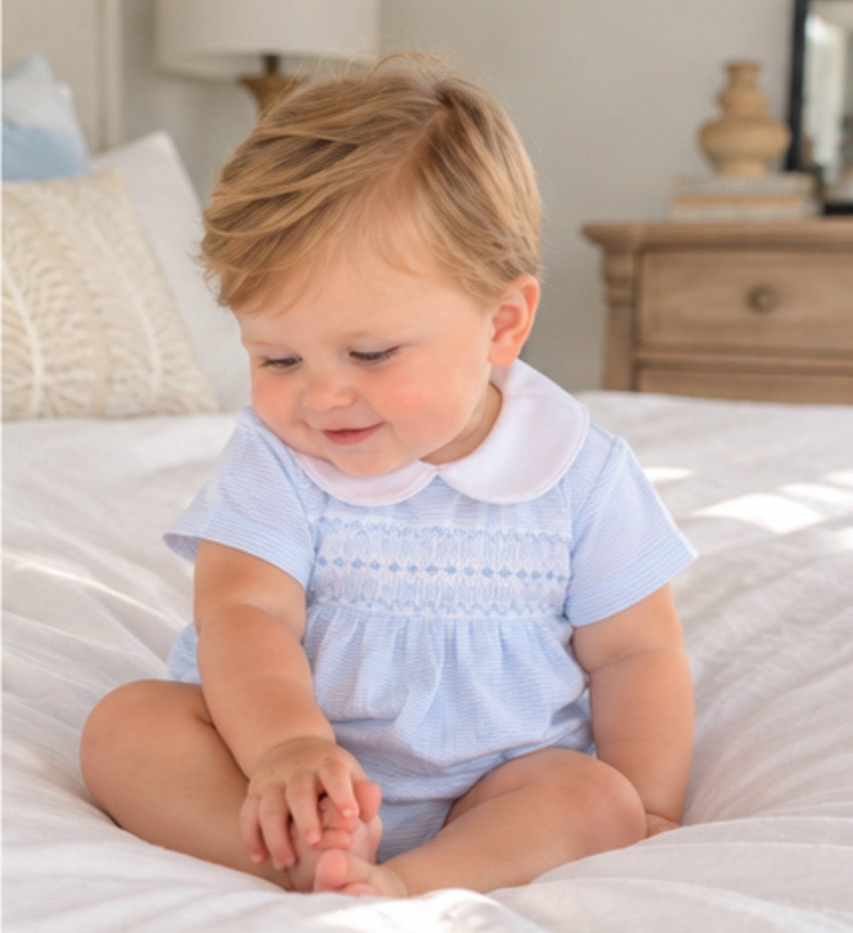 Benjamin Smocked Short Sleeve Bubble Magnolia Baby
