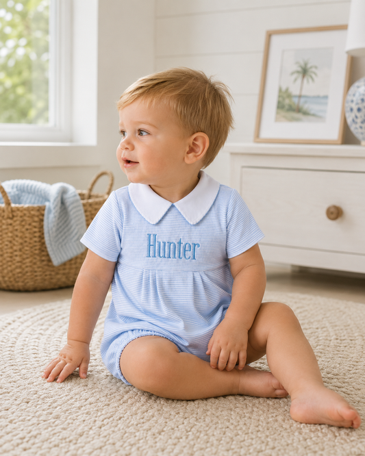Mini Stripes Collared Short Sleeve Bubble - Light Blue Magnolia Baby