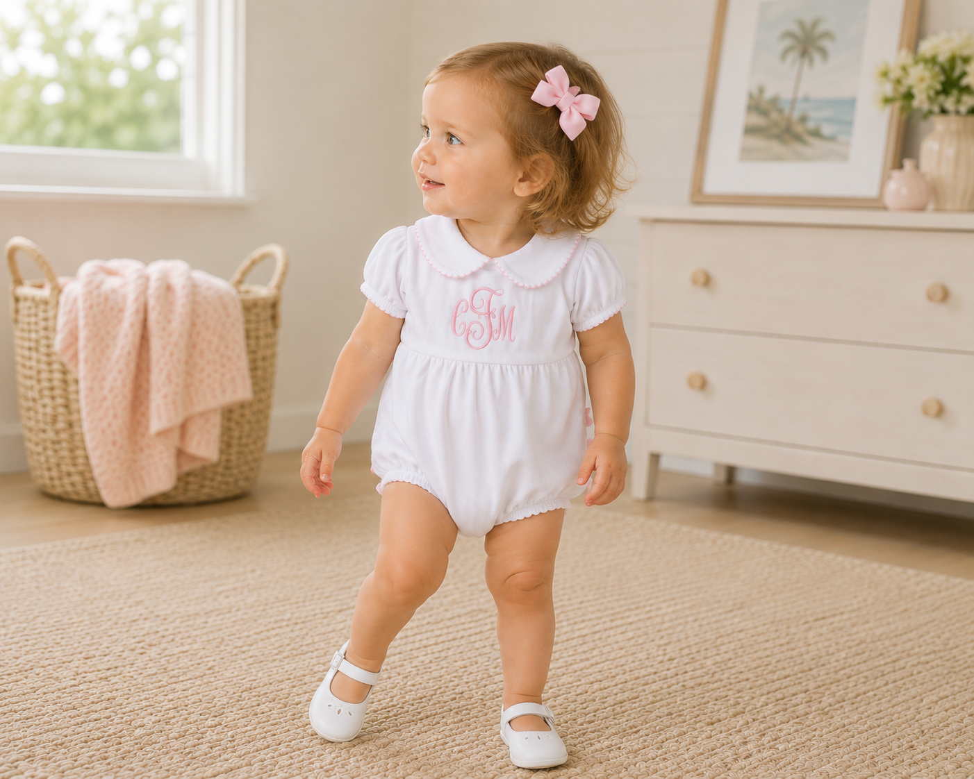 Collared Ruffle Bubble - White Pink Magnolia Baby
