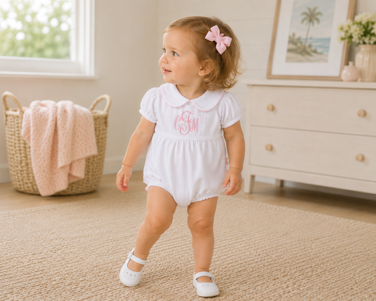 Collared Ruffle Bubble - White Pink Magnolia Baby