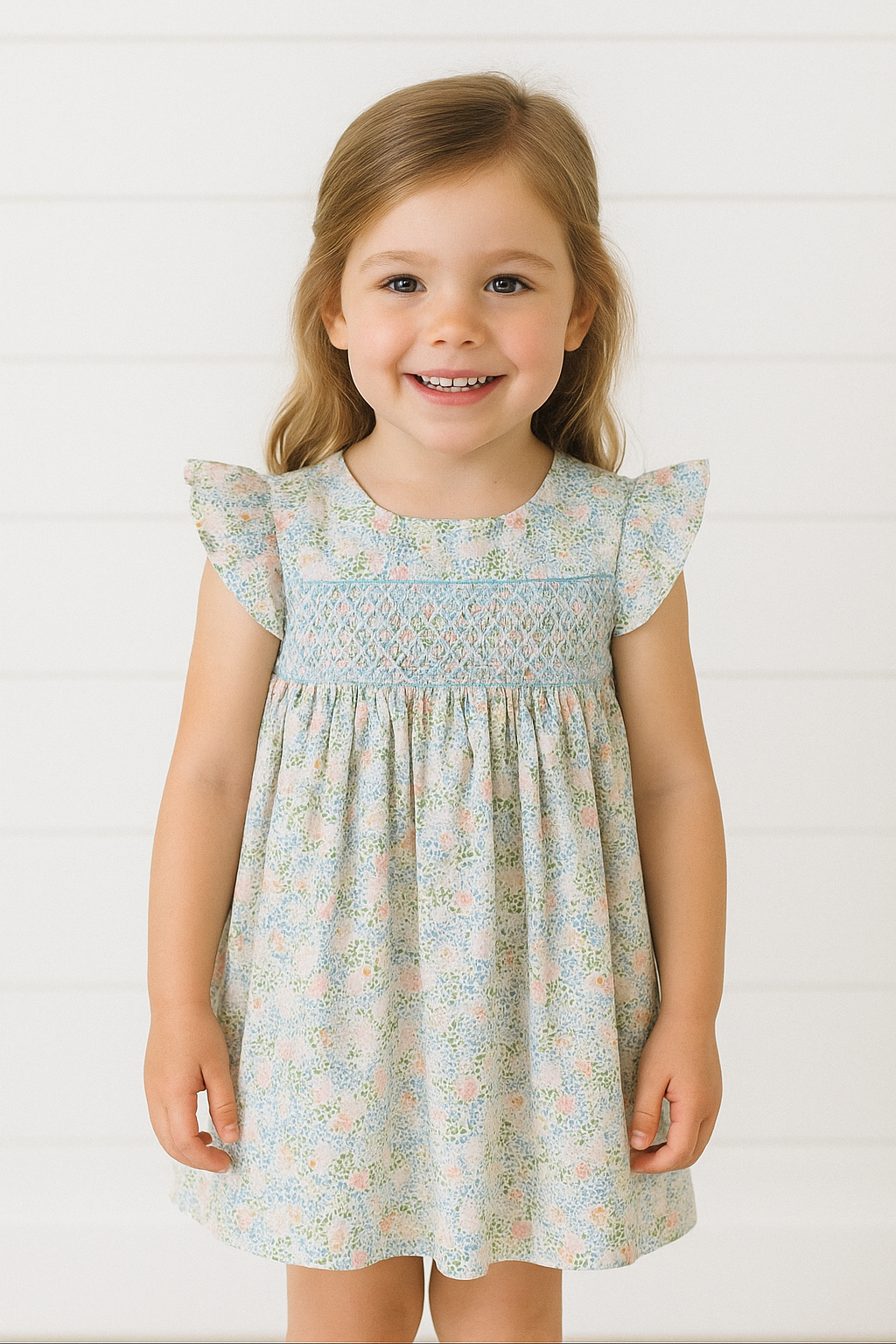 Pink Floral Print Smocked Flutter Dress