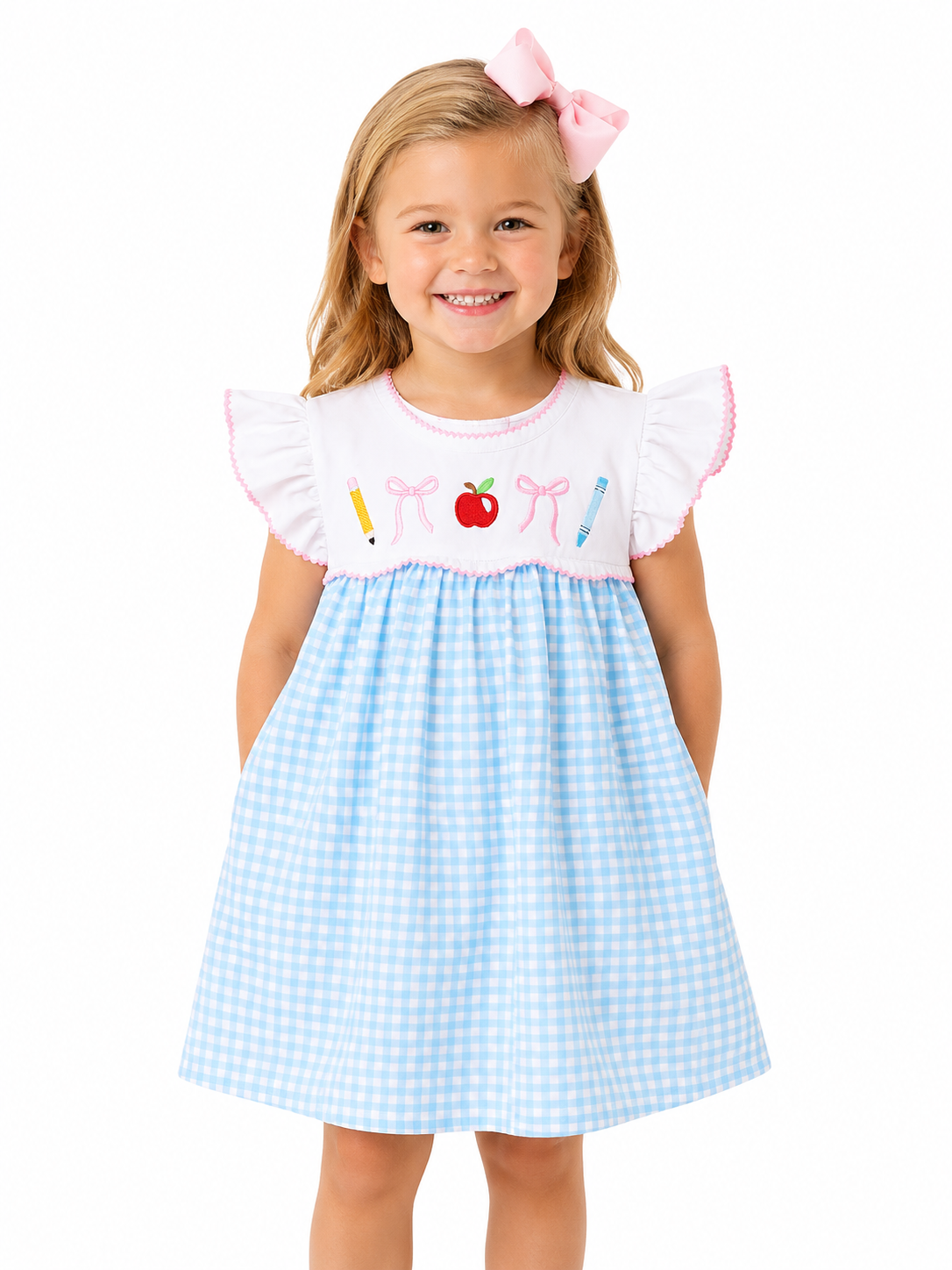 Class-Time Apple & Pencil Embroidered Flutter Dress Marie Nicole Clothing