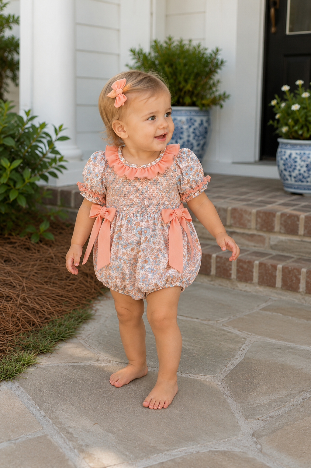 Fall Floral Baby Romper Smocked Ruffle Neck Bow Rylee Faith Designs