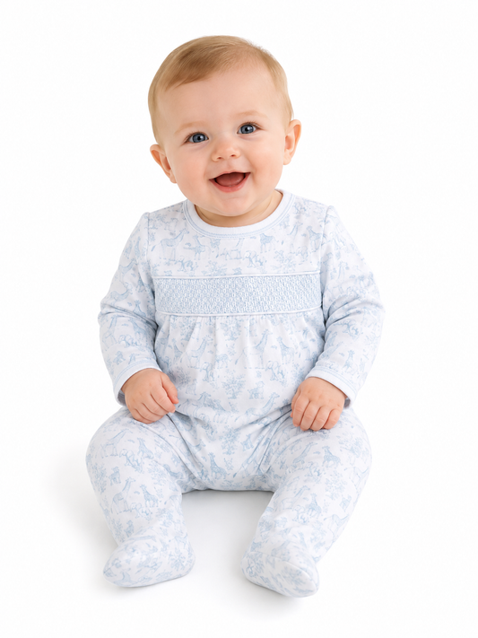 Blue Baby Safari Hand Smocked Footie Lowcountry Littlewear