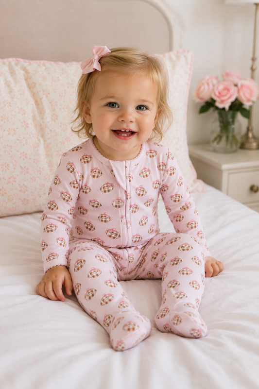 Tiny Tailgater Print Zip Footie - Pink Magnolia Baby