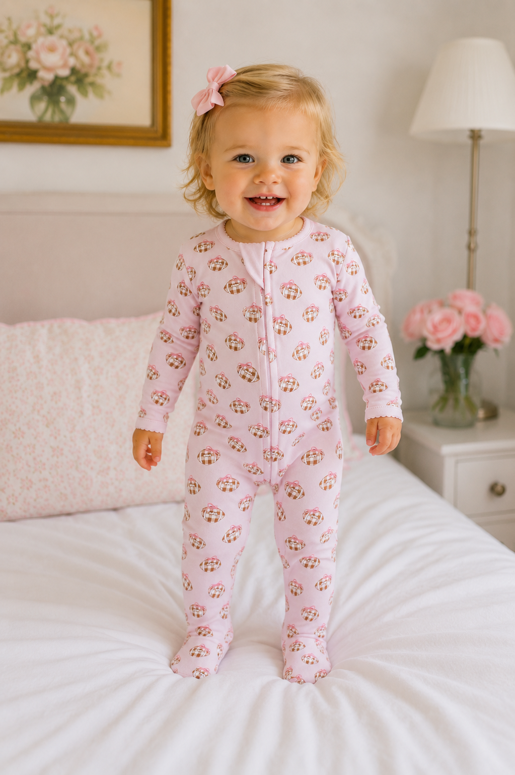 Tiny Tailgater Print Zip Footie - Pink Magnolia Baby