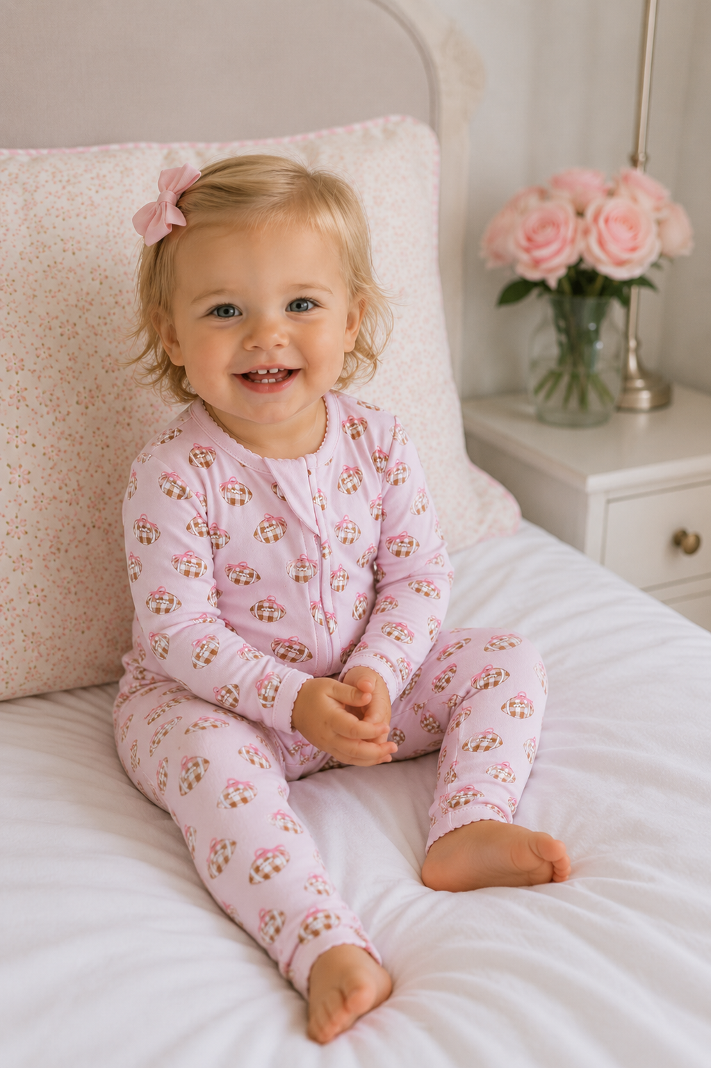 Tiny Tailgater Print Zip Footie - Pink Magnolia Baby