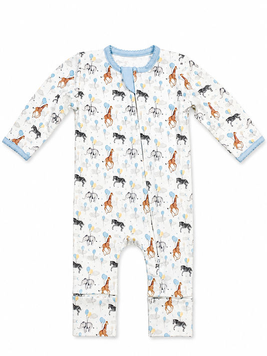 Birthday Zoo Convertible Footie- Blue Lowcountry Littlewear