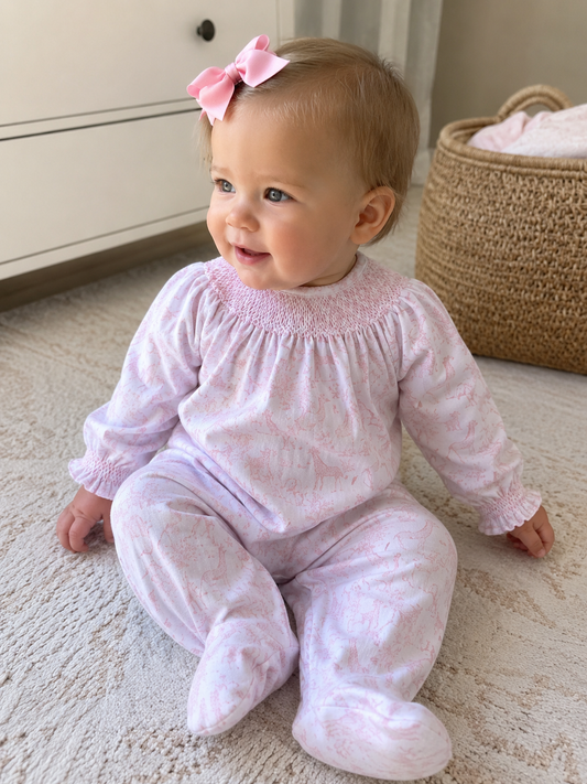 Pink Baby Safari Hand Smocked Bishop Footie Lowcountry Littlewear