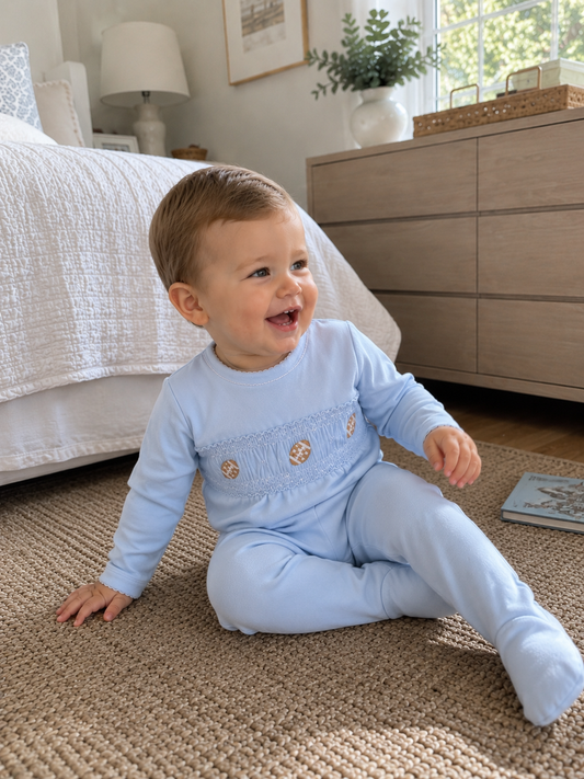 Tiny Tailgater Smocked Footie - Light Blue Magnolia Baby