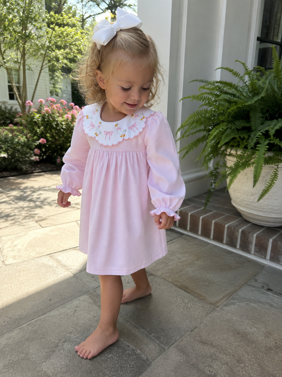 Pink Duck Embroidered Baby Girl Dress Peter Pan Collar Bow Dress Rylee Faith Designs