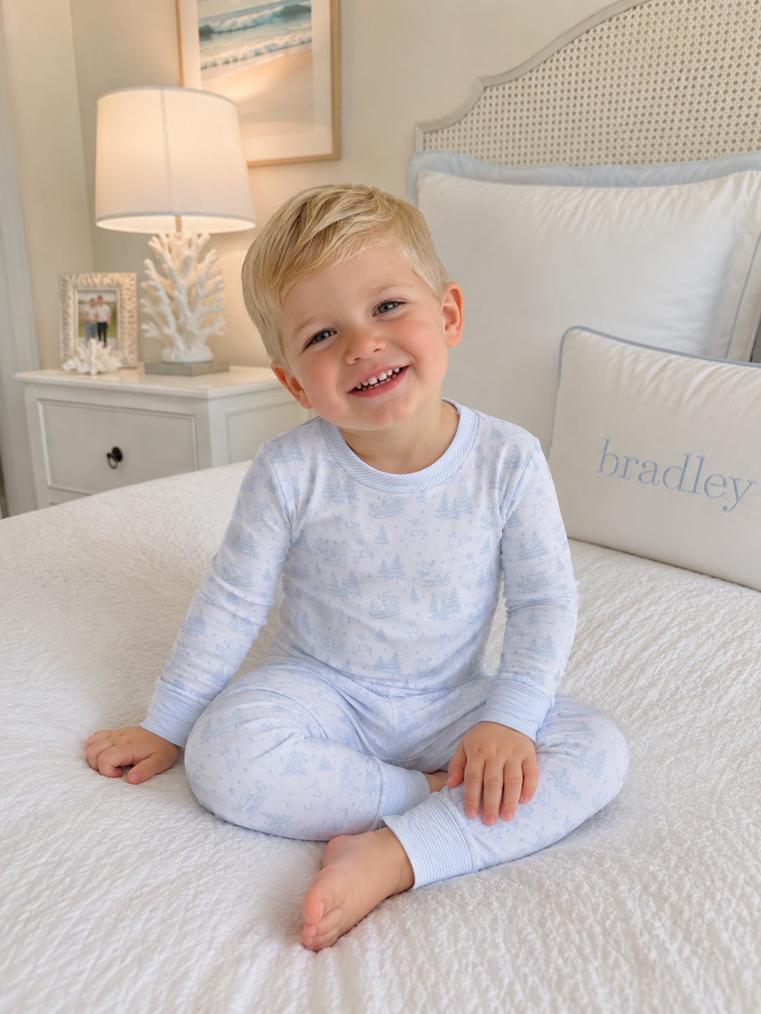 Holiday Toile Long Pajamas - Light Blue Magnolia Baby
