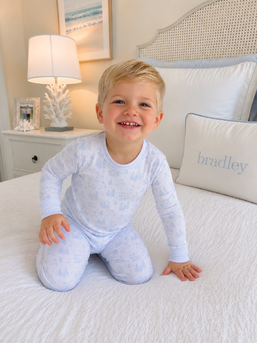 Holiday Toile Long Pajamas - Light Blue Magnolia Baby