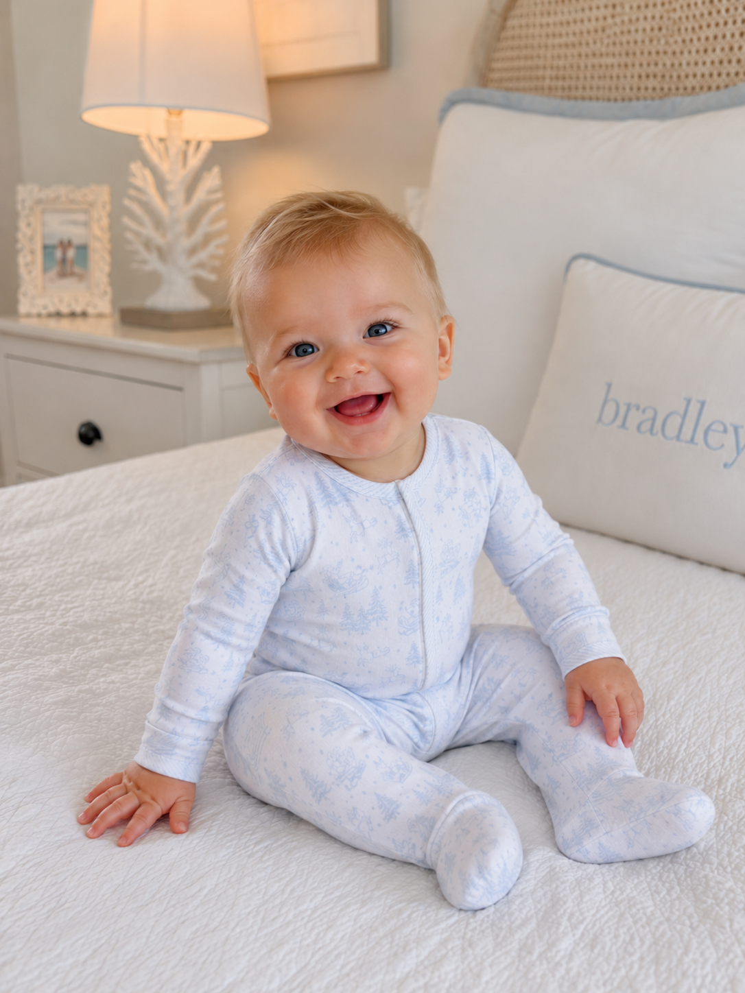 Holiday Toile Footie - Light Blue Magnolia Baby