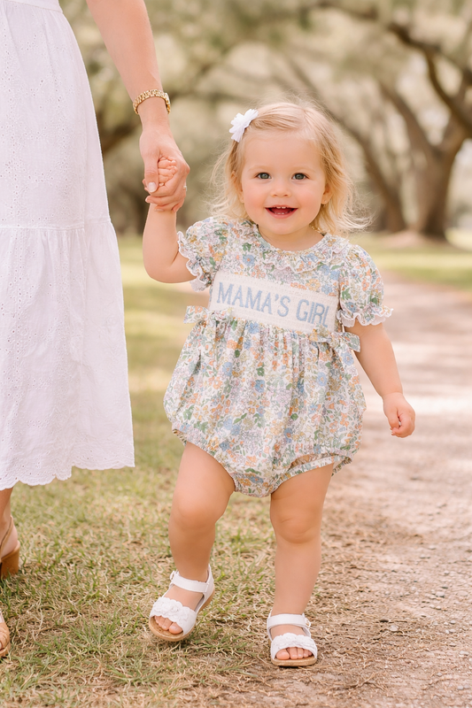 "MAMA'S GILR" Embroidered Smocked Girls' Romper Rylee Faith Designs