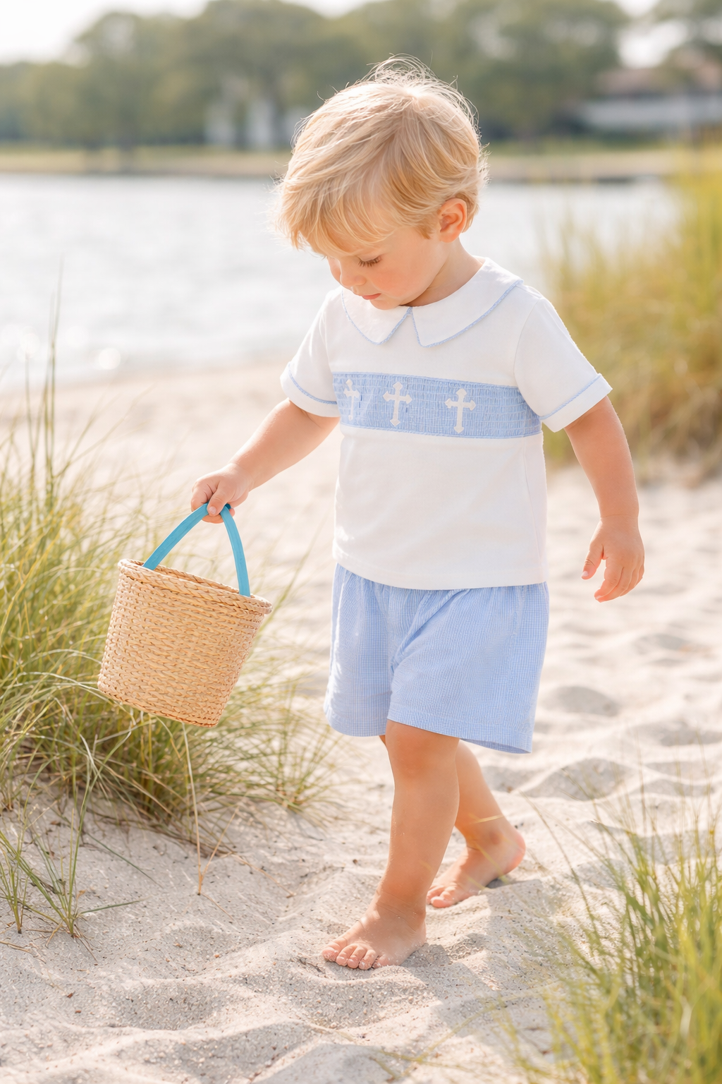 Blue Smocked Christening Set Rylee Faith Designs
