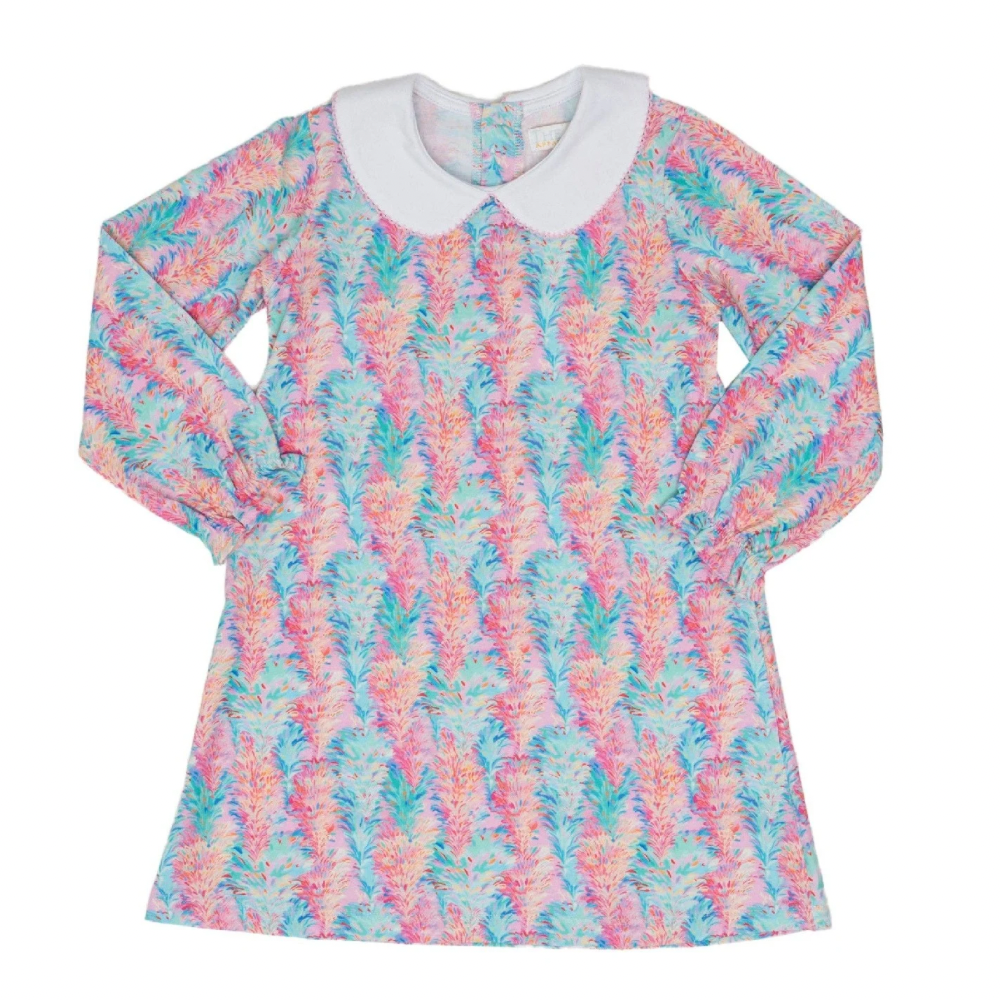Preppy whimsical little girls colorful Christmas tree dress collar