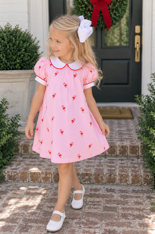 Candy Canes Embroidered Pink Dress- PREORDER Smockingbird