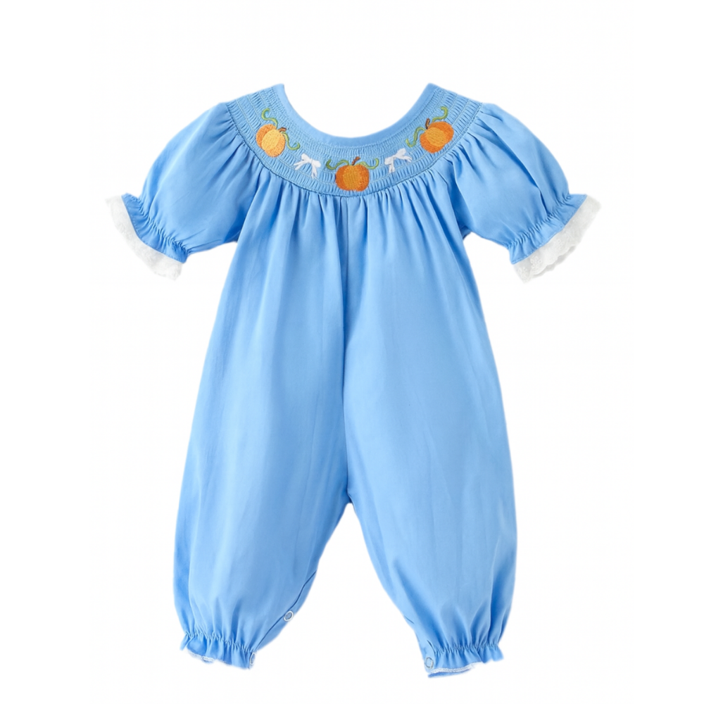 Baby girl blue southern Thanksgiving outfit with pumpkins