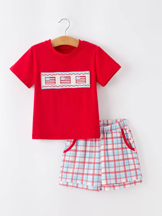 4th of July Flag Boys Set Short Sleeve Top Plaid Shorts Rylee Faith Designs