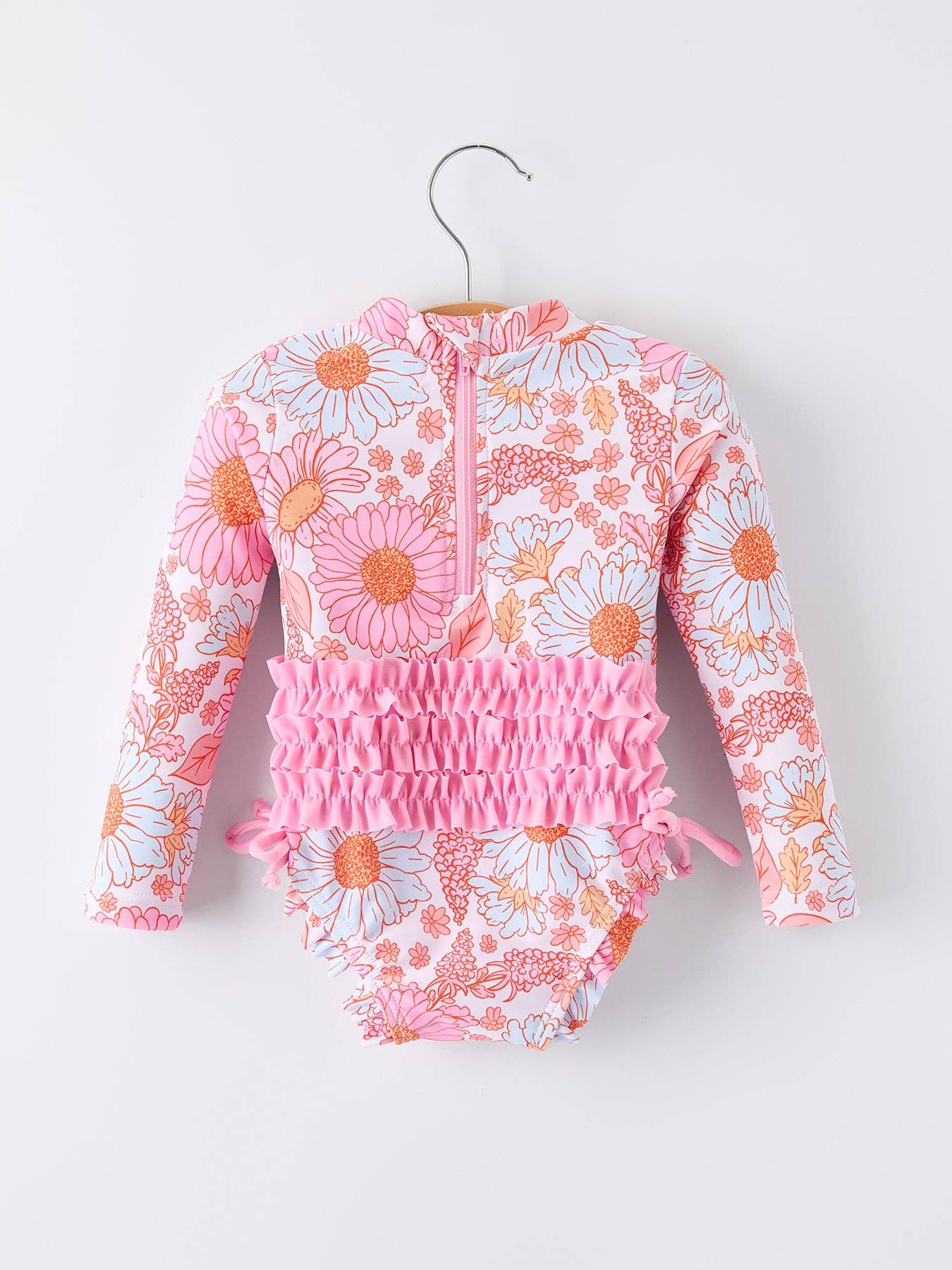 Summer Daisy Floral Girl Long Sleeve Ruffle One Piece Swimsuit Rylee Faith Designs