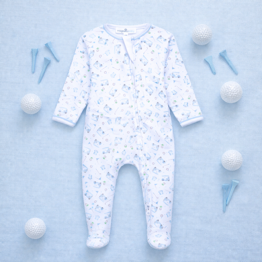 Little Golfer Print Zip Footie - Light Blue Magnolia Baby