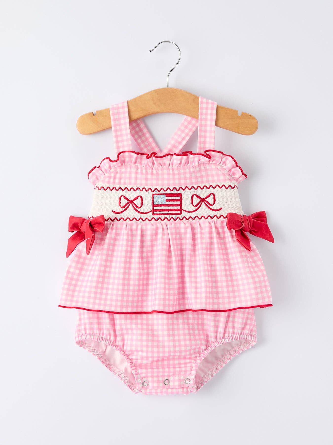 4th of July Plaid Girls Romper Bow Ruffle Rylee Faith Designs