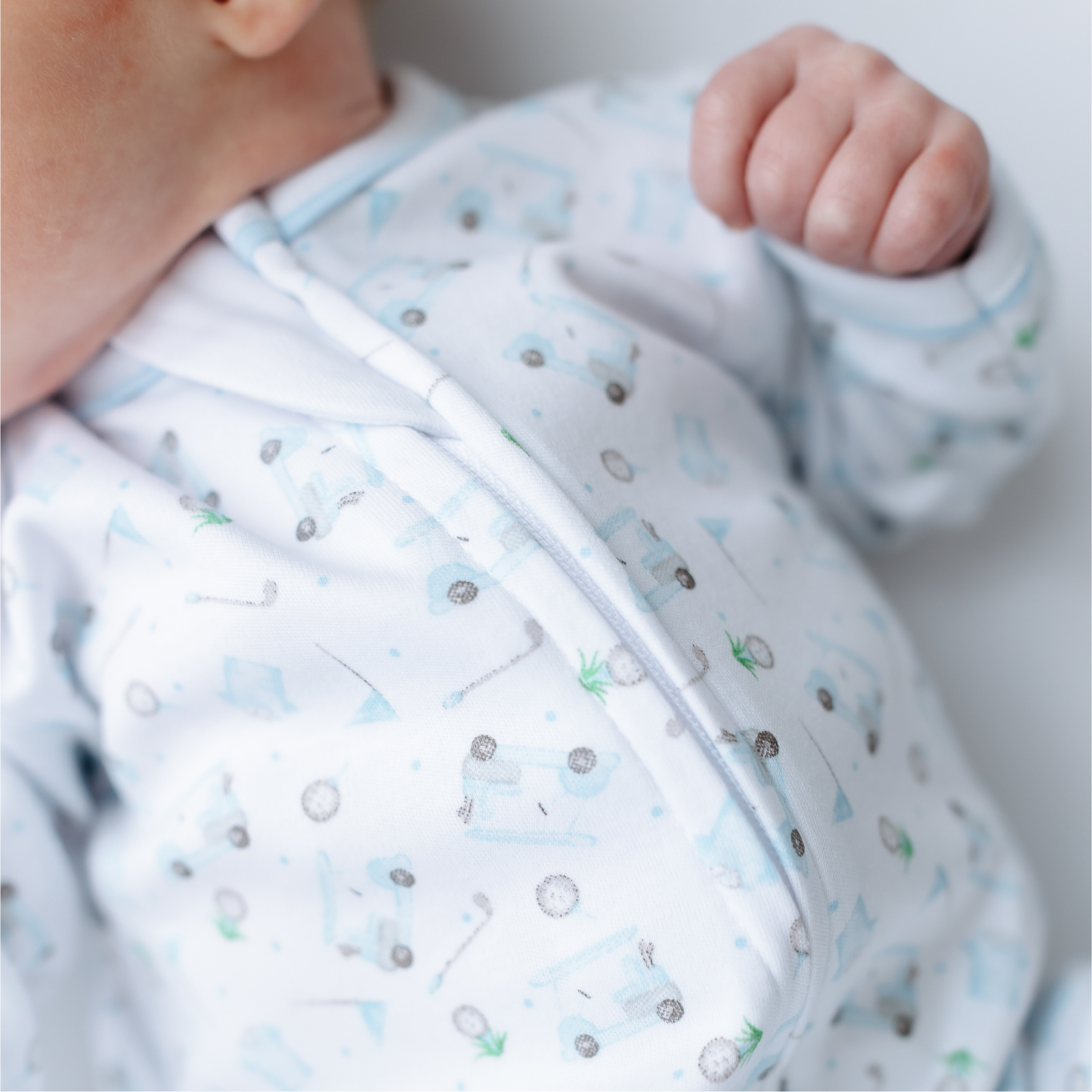 Little Golfer Print Zip Footie - Light Blue Magnolia Baby