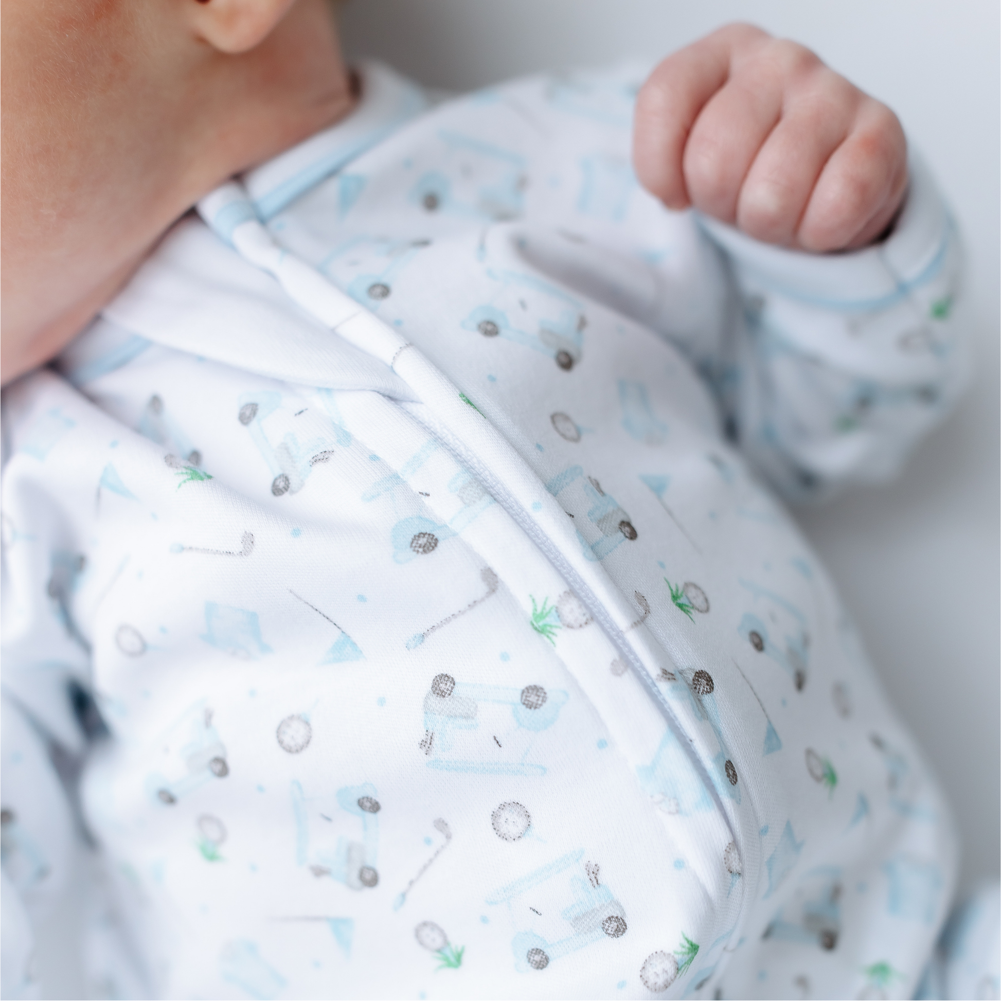 Little Golfer Print Zip Footie - Light Blue Magnolia Baby