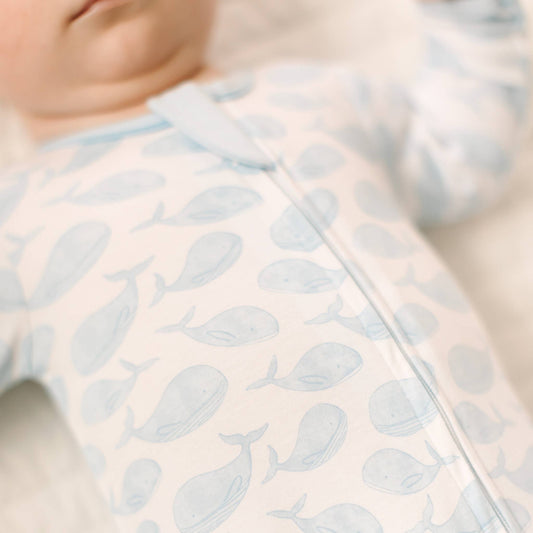 Azure Whales Print Zip Footie - Light Blue Magnolia Baby