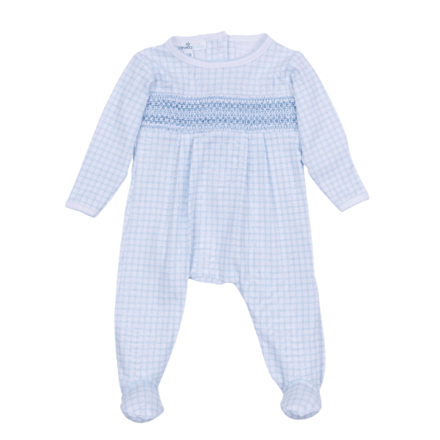 Light blue checkered baby romper with smocked details on a white background
