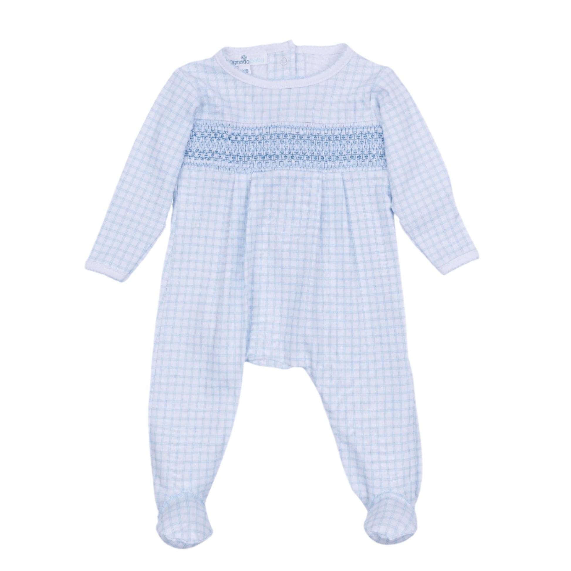Light blue checkered baby romper with smocked details on a white background