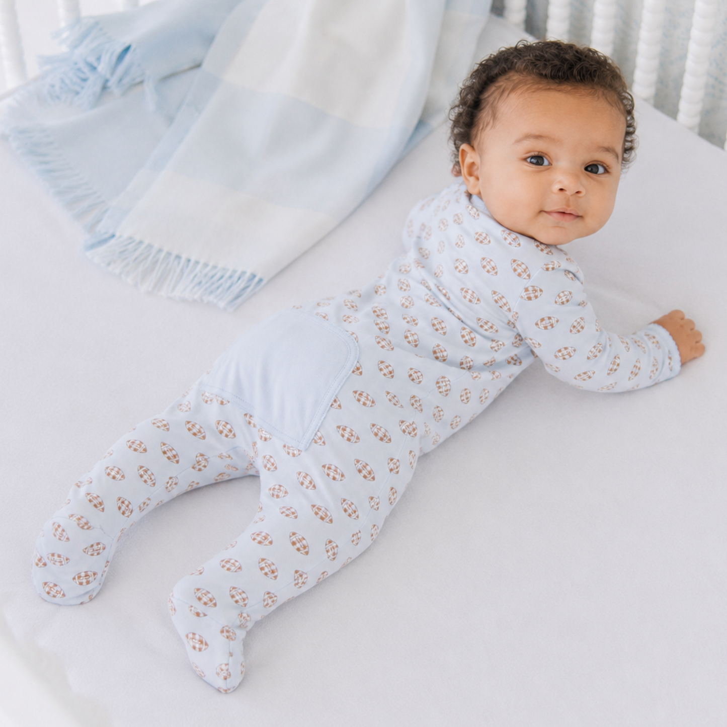 Tiny Tailgater Print Zip Footie - Light Blue Magnolia Baby