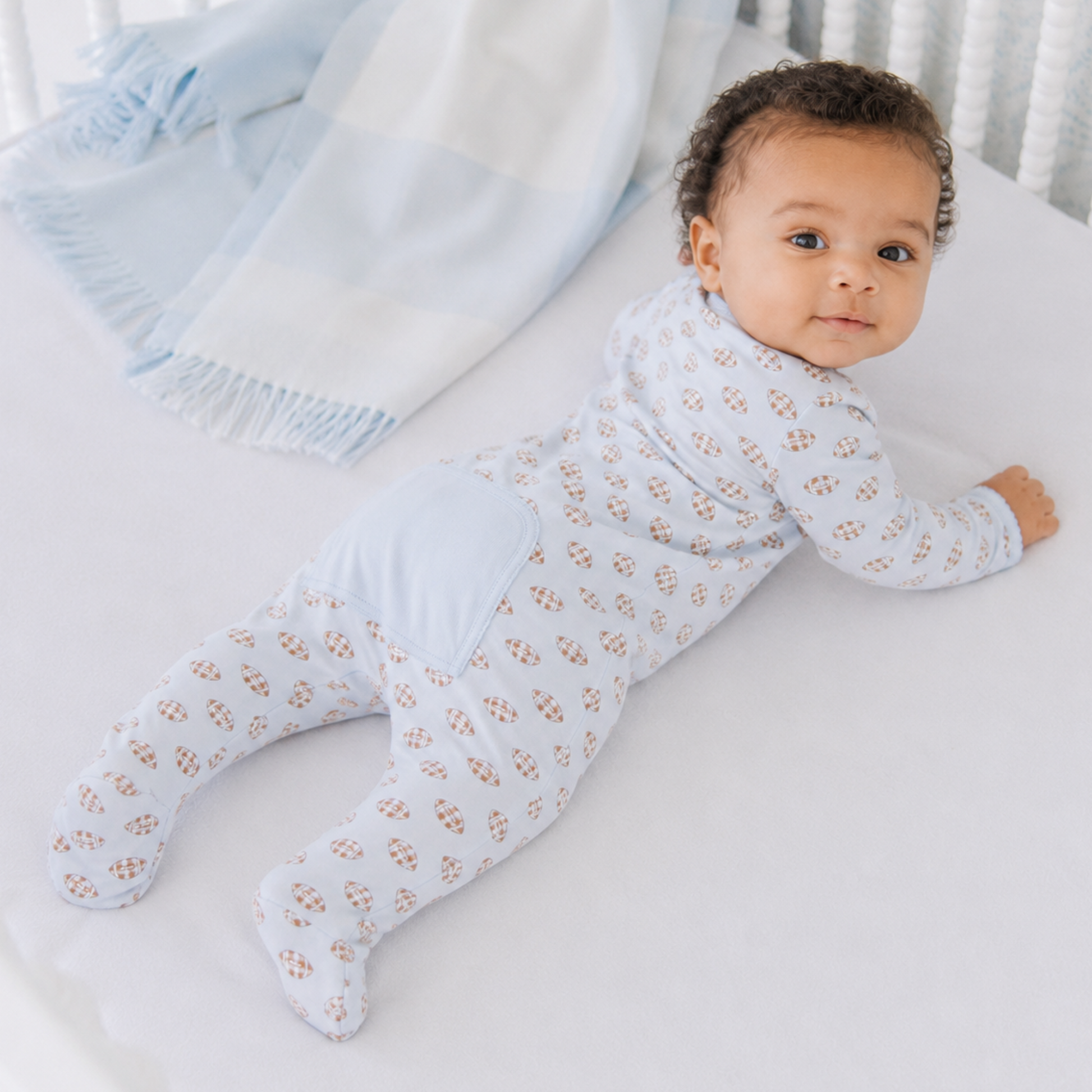 Tiny Tailgater Print Zip Footie - Light Blue Magnolia Baby