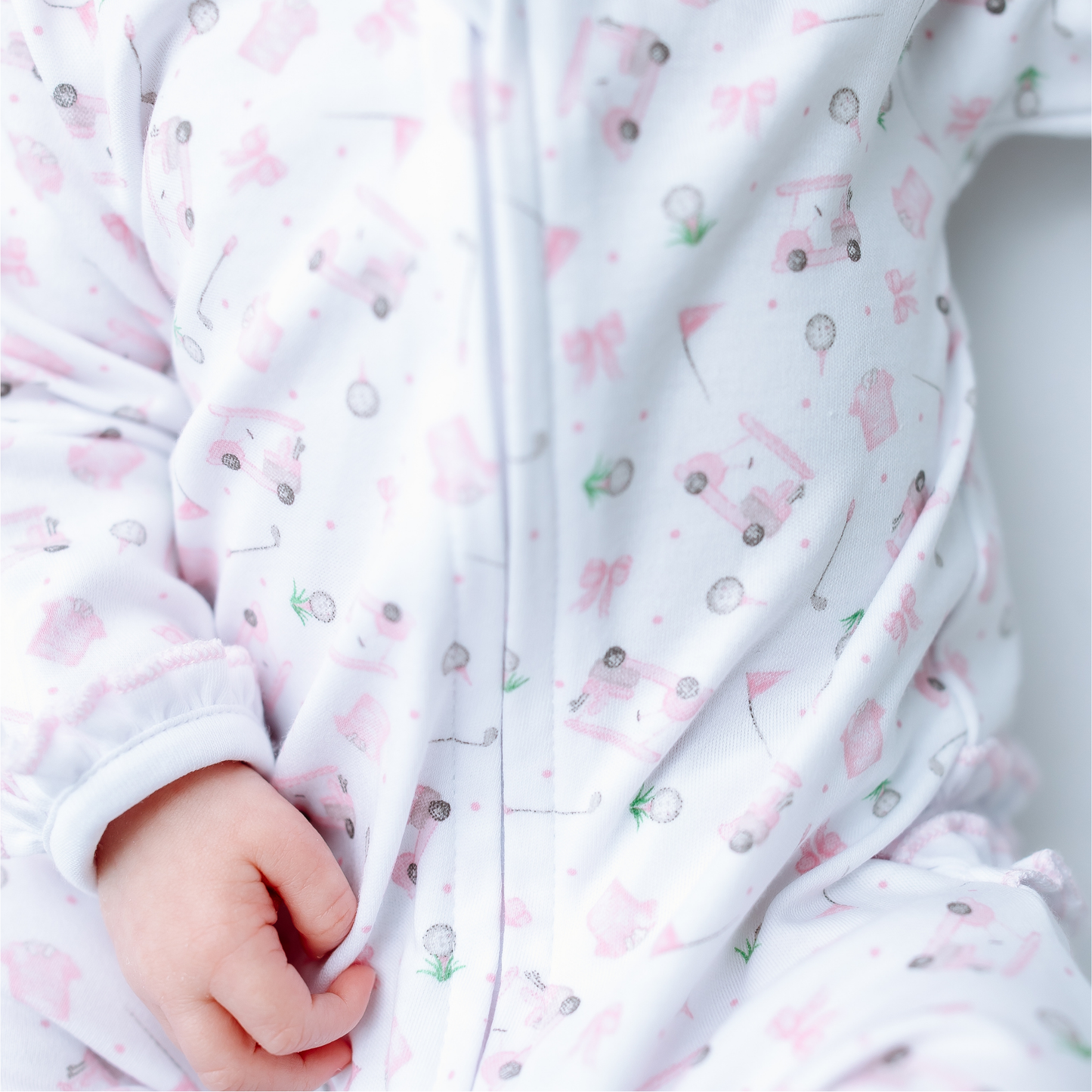 Little Golfer Print Ruffle Zip Footie - Pink Magnolia Baby