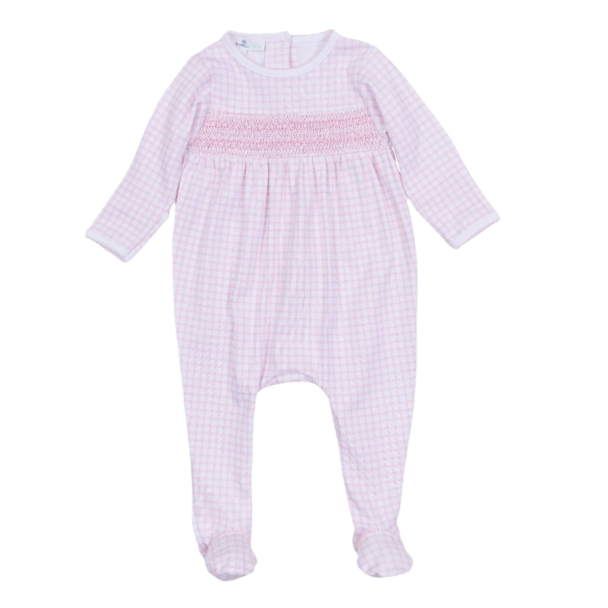Pink checkered baby onesie with smocked waistband on a white background