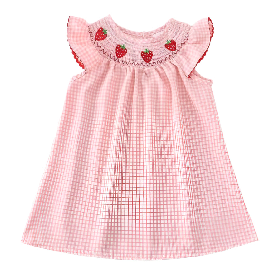 Pink checkered dress with strawberry embroidery on a white background