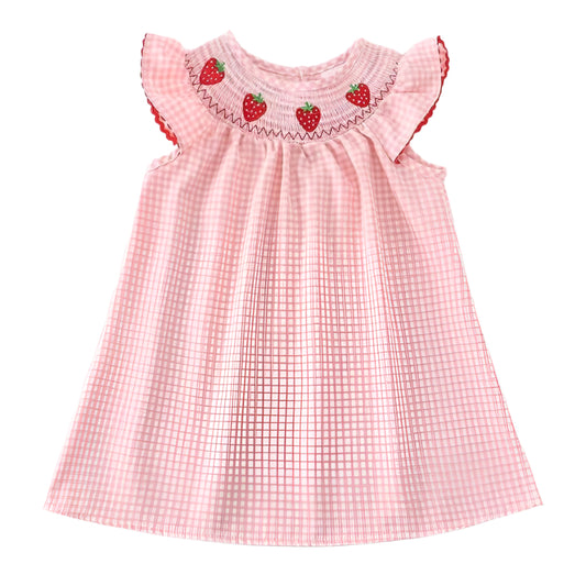 Pink checkered dress with strawberry embroidery on a white background
