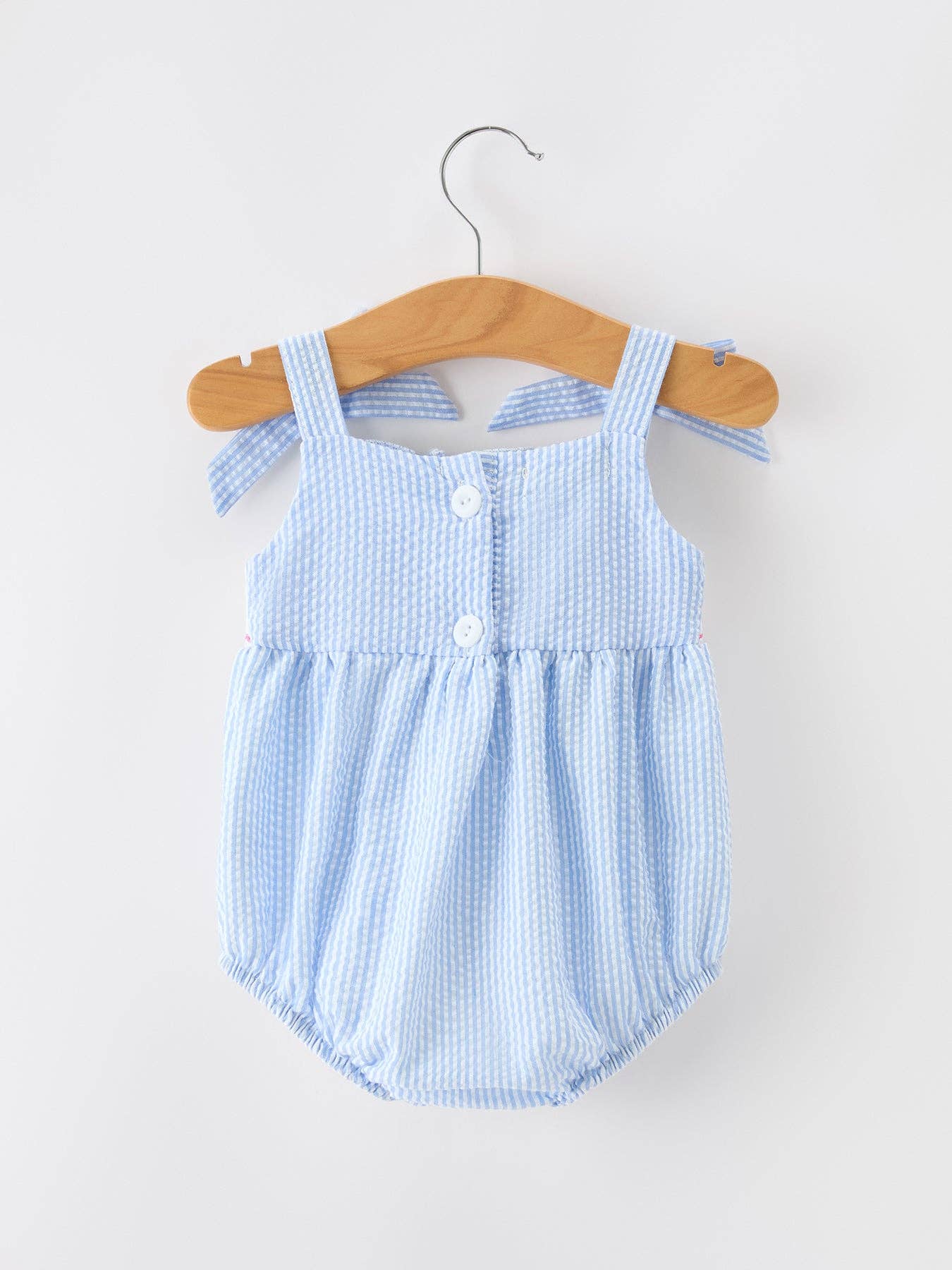 Whale Embroidered Smocked Seersucker Baby Girl Romper Bow Rylee Faith Designs